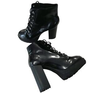 Divided  Pleather chunky sole lug platform heel boots lace-up sz 41 Witchy Goth